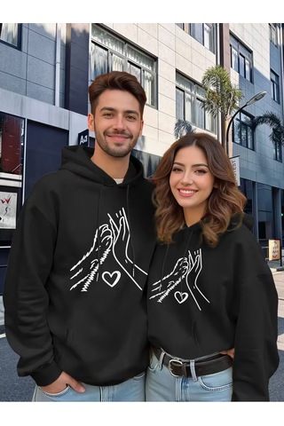 Nevermind Sevgili Çift Kombin Hoodie Set Kalp Ve Eller Baskılı Unisex Overs Siyah