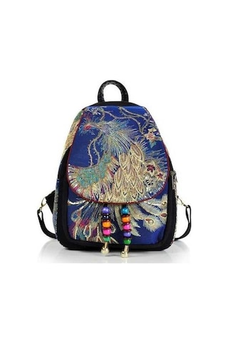 Luckydog Moda Mavi Sırt Çantası Kadın Nakış Tavuskuşu Büyük Kapasiteli Seyahat Çantası Mavi