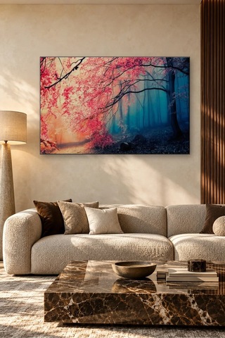 Fida Sisli Mavi Ormanda Kırmızı Yapraklı Ağaç Canvas Tablo Çok Renkli