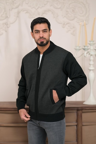 Woolen World Pilot Yaka Fermuar Kapamalı Klasik Kesim Astarlı Desenli Çelik Örgü Hırka Siyah