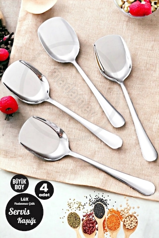 Madamev 4'lü Lüx Servis Kaşığı Seti Büyük Boy Paslanmaz Çelik Kaşık Salata Pasta Yemek Servis Mutfak