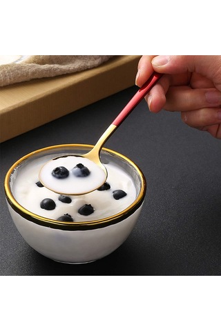 Konesam Portekiz 304 Paslanmaz Çelik, Renkli Uzun Saplı, Dolgulu Büyük Yuvarlak, Tatlı/西餐/韩式 Servis Kaşığı, Bakır+kırmızı, 1 Adet Paket Altın