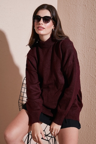 Lela Premium Oversize Fit Balıkçı Yaka Yumuşak Dokulu Triko Bayan Kazak 680Kz00469 Bordo