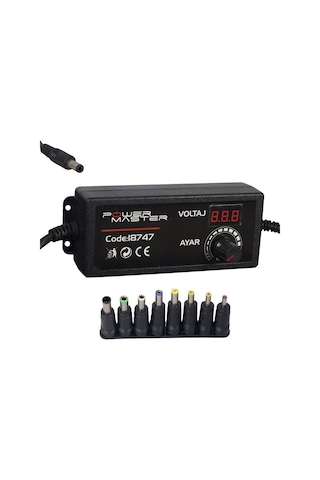 Powermaster PM-18747 3 Volt - 24 Volt - 2 Amper Çok Uçlu Dijital Ekranlı Ayarlı Kademeli Adaptör