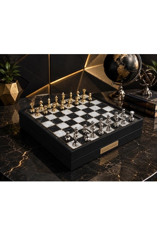 Kişiye Özel Lüks Metal Satranç Takımı Mermer Desenli Sandıklı Premium Oyun Seti 20 Cm. Klasik Figür