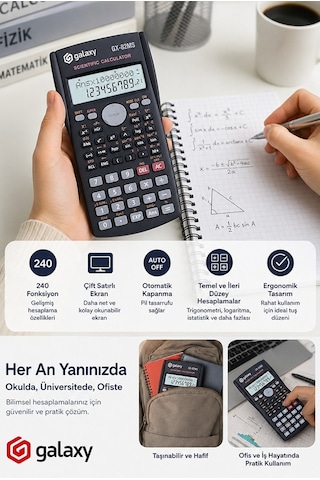 Fonksiyonlu Bilimsel Hesap Makinesi 1 Adet 8x14cm 240 Fonksiyonlu Galaxy Gx-82ms Mühendis Öğrenci 2 Satır Ekran Tasarım Siyah