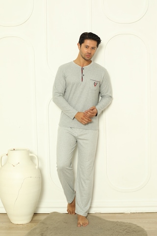 Falkom 5004 İnterlok Kalın Kışlık Çizgili Erkek Ev Pijama Takımı Gri