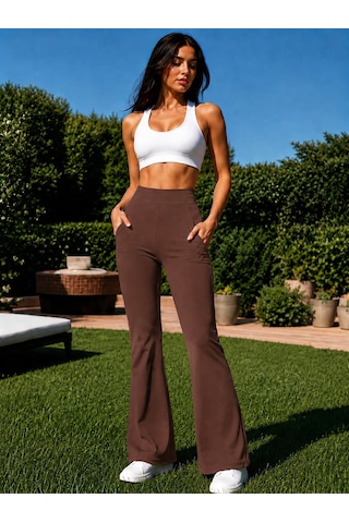 Unika Boutique Kadın Dalgıç Kumaş Belden Lastikli İspanyol Paça Pantolon Kahverengi