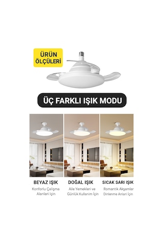 Katlanabilir Led Tavan Vantilatörü Sessiz, Akıllı Ve Kumandalı Aydınlatma 22.5'' Beyaz - 731575925