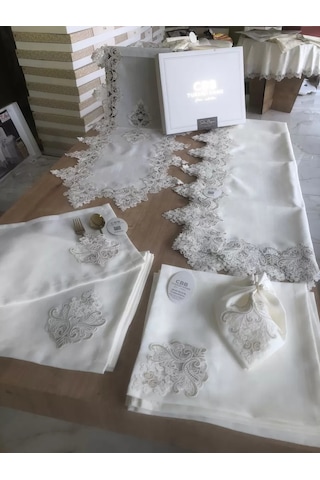 Buradabulabilirsin Sofra Takımı Mimoza Gardenya Keten Yemek Takımı 160x260 Masa Seti 26 Parça Runner Set Kreme Gold Bbz