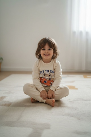 Aden Kids Mevsimlik Pamuklu Kumaş Karikatürlü Çocuk Pijama Takımı Bej