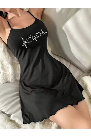 Sebalma Fashion Kadın Siyah İp Askılı Penye Gecelik Kalp & Nabız Baskılı Siyah