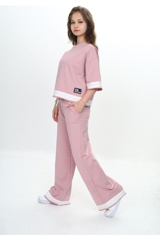 Kız Çocuk %100 Pamuk Kısa Kollu Garnili Truvakar Kol 2 İplik Alt&üst Eşofman Takımı-285-eşt-0011 Pudra