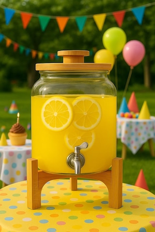 4 Litre Cam Şerbetlik Musluklu, Bambu Standlı Sunumluk Sebil İçecek Dispenseri Şeffaf