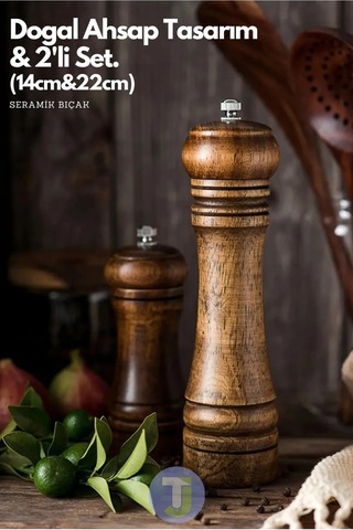 2li Set 14+22cm Doğal Ahşap Karabiber Tuz Kahve Baharat Öğütücü Değirmen Tuzluk Biberlik 2li Set 14cm+22cm