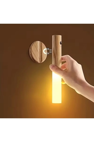 Sensörlü Usb Şarjlı Taşınabilir Duvar Aplik Ahşap Görünümlü Masa Lambası Sarı