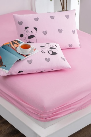 Valezium Pembe Panda Baskılı Kumaş Lastikli Fıtted Yastıklı Çarşaf Seti 160x200 Pembe Siyah Pembe - Siyah