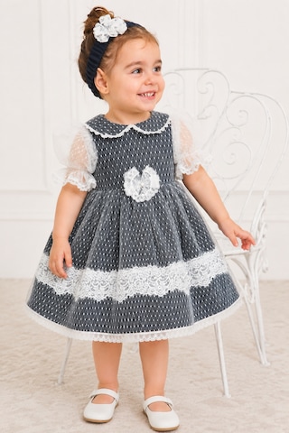 Babyhola Dantel Detay Özel Tasarım Kız Bebek Çocuk Abiye Elbise Saç Bandı Mevlüt Doğum Günü Set 7029 Lacivert