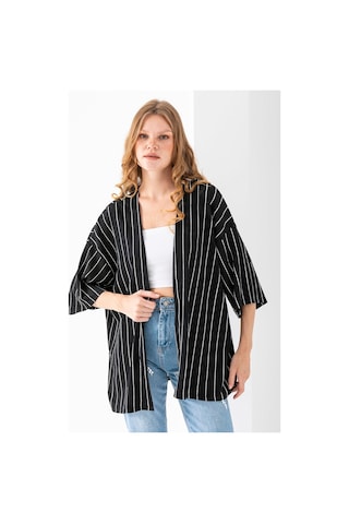 Giysa Kadın Yarım Kol Çizgili Bürümcük Kimono Siyah - 254406 Siyah