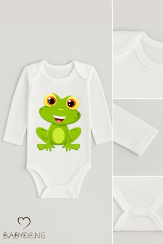 Babyden's Sevimli Hayvan Figürlü %100 Pamuk Uzun Kollu Çıtçıtlı Bebek Body Kurbağa Beyaz