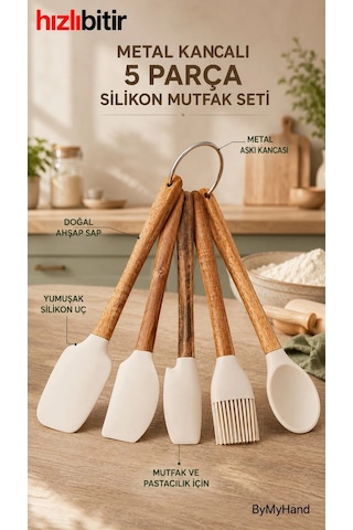 Bymyhand Doğal Ahşap Saplı Slikon Uçlu Slikon Mutfak Ve Pasta Yapım Hazırlık 5'li Set
