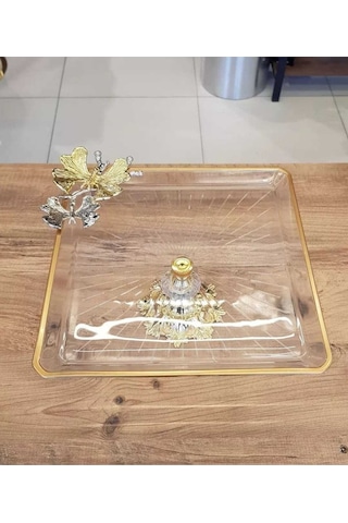 Elta Collection Gold Kelebek Detaylı Şık Ayaklı Kare Sunumluk Ikramlık Kurabiyelik Şeffaf