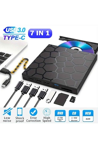 Monozone Harici Cd Dvd Yazıcı Okuyucu Usb 3.0 + Type-c 8 Si 1 Arada Çoklayıcı Hub Sd/tf Kart Destekli