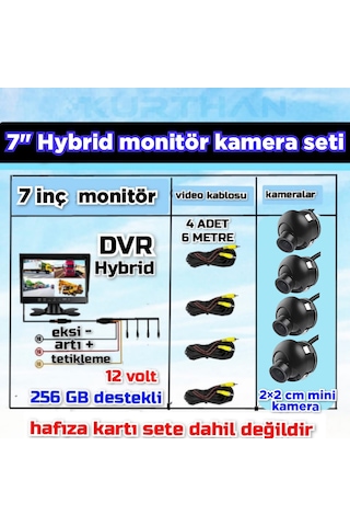 4 Adet 2 2 Cm Mini Kamera Ve 7 İnç Dvr Monitör 12 Volt 256 Gb