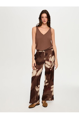Faik Sönmez Soyut Çiçek Desen Ketenli Wide Leg Fit Pantolon S26pnt035 Us26pnt03530 Kahve