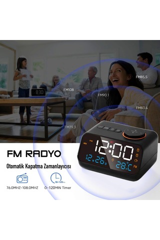 Hymark Dekoratif Led Dijital Saat Fm Radyo 2 Alarm Sıcaklık Ve Nem Göstergeli Şarjlı Pilli Saat Siyah