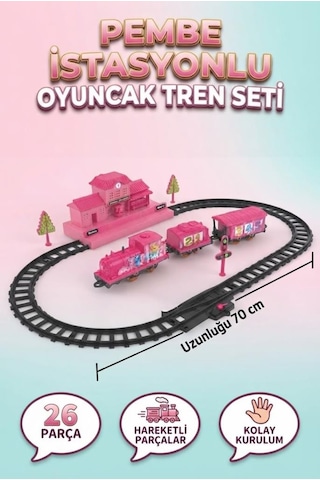 Pembe İstasyonlu Pilli Oyuncak Tren Seti - 26 Parça Hareketli Lokomatif Ve Vagon Seti