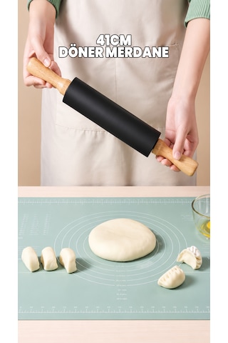 Döner Silikon Merdane - Bambu Saplı - Döner Merdane - Hamur Açıcı - Kolay Temizlenir - Ergonomik Sap