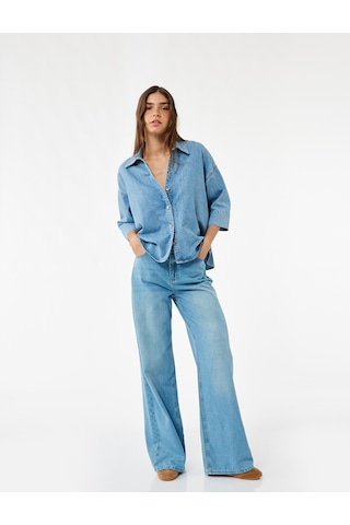 Koton Oversize V Yaka Pamuklu Yarım Kollu Jean Gömlek Açık İndigo 7wal60001md