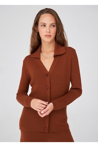 Peraluna Polo V Yaka Ribana Örgü Fit Kesim Kadın Triko Bluz Kahve