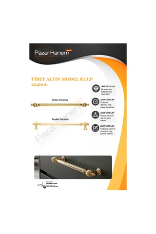 Tibet Model Dolap Çekmece Kulpu Zamak Başlık & Alüminyum Gövde 160mm / 224mm - Tekli Altın 224mm