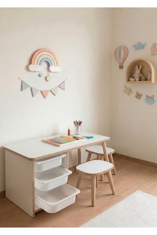 Çocuk Masa Sandalye Takımı 90x45 Cm 3 Sepetli Çocuk Çalışma Ve Aktivite Masası Yaz-sil,2 Tabureli Beyaz