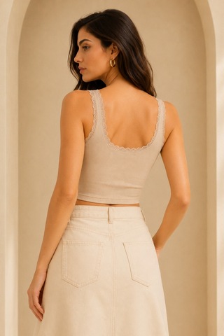 Loule Kadın Dantel Detaylı Fitilli Crop Top Bej Pamuklu