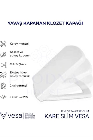 Kare Klozet Kapağı Üstten Sıkmalı Yavaş Kapanan Soft Close Amortisörlü Beyaz