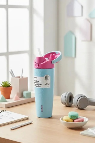 Miniso Lisanslı Pipetli Paslanmaz Çelik Bardak 890 Ml Tutamaklı Çok Renkli