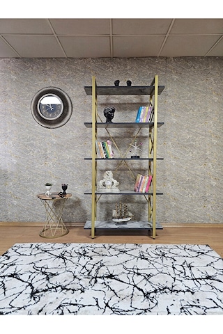 Çıkıntılı Gold Boyalı Kitaplık - 5 Raflı Suntalem Lüks Kitaplık M Çok Renkli