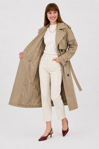 Ressho Kadın Kemerli Uzun Trençkot Su Geçirmez, Astarlı, Oversize Model Koyu Bej