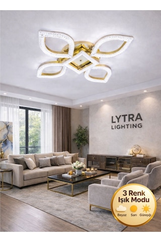 Elysium Model Gold Ledli 3 Renk Modu Kristal Salon Mutfak Yatak Çocuk Odası Avize Altın