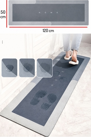Kauçuk Kaymaz Tabanlı Ultra Emici Banyo Paspası 50x120 Cm Hızlı Kuruyan Paspas Gri
