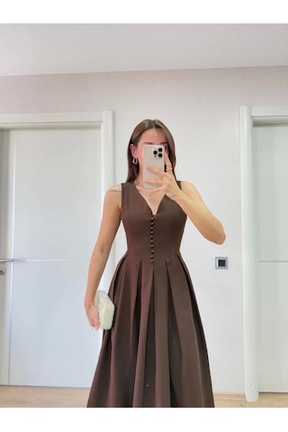 V Yaka Krep Arka Ön Pens Detaylı Uzun Kolsuz Elbise- Kahverengi Kahverengi