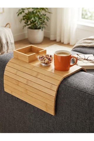 Mucit Home Bambu Koltuk Kenarı Tepsisi Ve Organizer Katlanabilir Bölmeli Ahşap Kanepe Yanı Sehpa, Bardaklık Ve Kumandalık