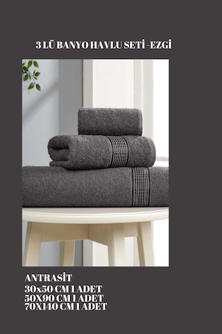 3 Parça Ekonomik Banyo Havlu Seti Pamuklu Ezgi Antrasit