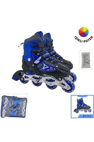 Vr1 - Metal 2+2 Işıklı 3in1 Ayarlanabilir Çocuk Pateni 2+1+1 / 2+2 Silikon Tekerli Uç Korumalı Mavi