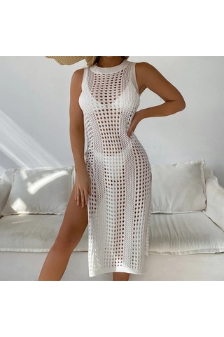 Oymalı Tığ Örme Plaj Elbisesi Şık Yan Yuvarlak Yaka Kolsuz Plaj Elbisesi Kırmızı