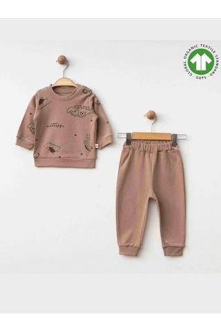 Erkek Bebek Dinazor Baskılı Organik Eşofman Takım-15481 Kahverengi