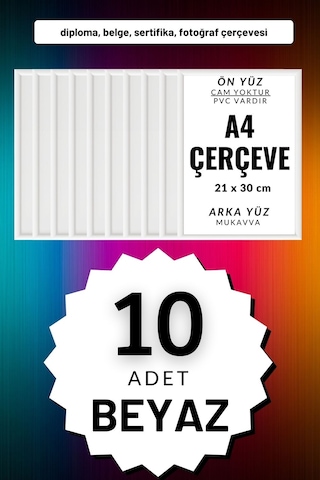Beyaz-10 Adet A4 Çerçeve Diploma Belge Sertifika Fotoğraf Resim Çerçevesi Pvc 10lu Beyaz